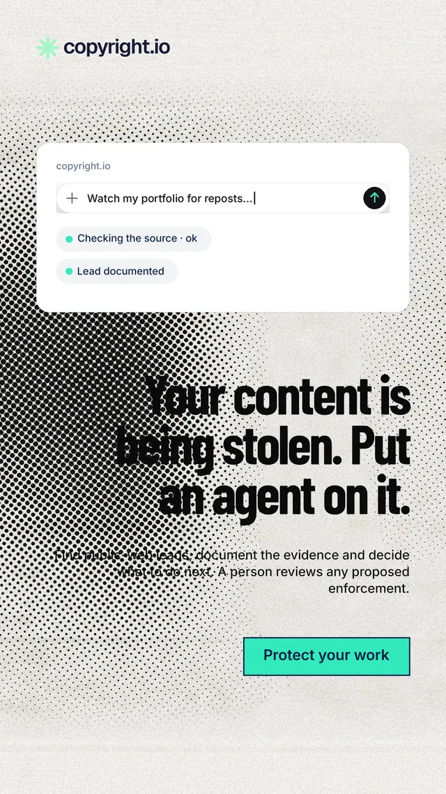 Instagram story for copyright.io: "Your content is being stolen. Put an agent on it." Ink sticker style, right layout, light palette in white, grey.