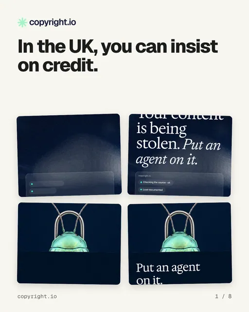 Carousel for copyright.io: "In the UK, you can insist on credit.". Collection carousel, 8 slides, light palette.