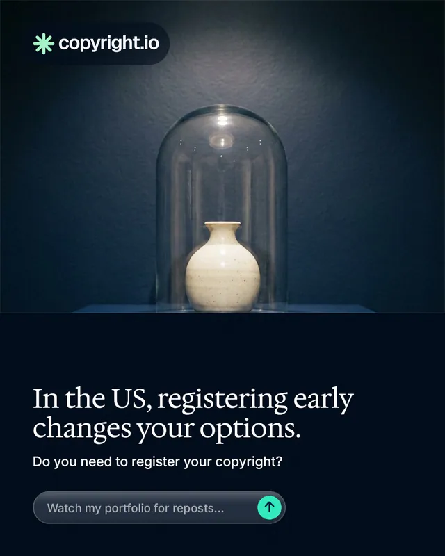 Instagram portrait post for copyright.io: "In the US, registering early changes your options." Agentic glass style, bottom layout, dark palette in blue, black, grey.