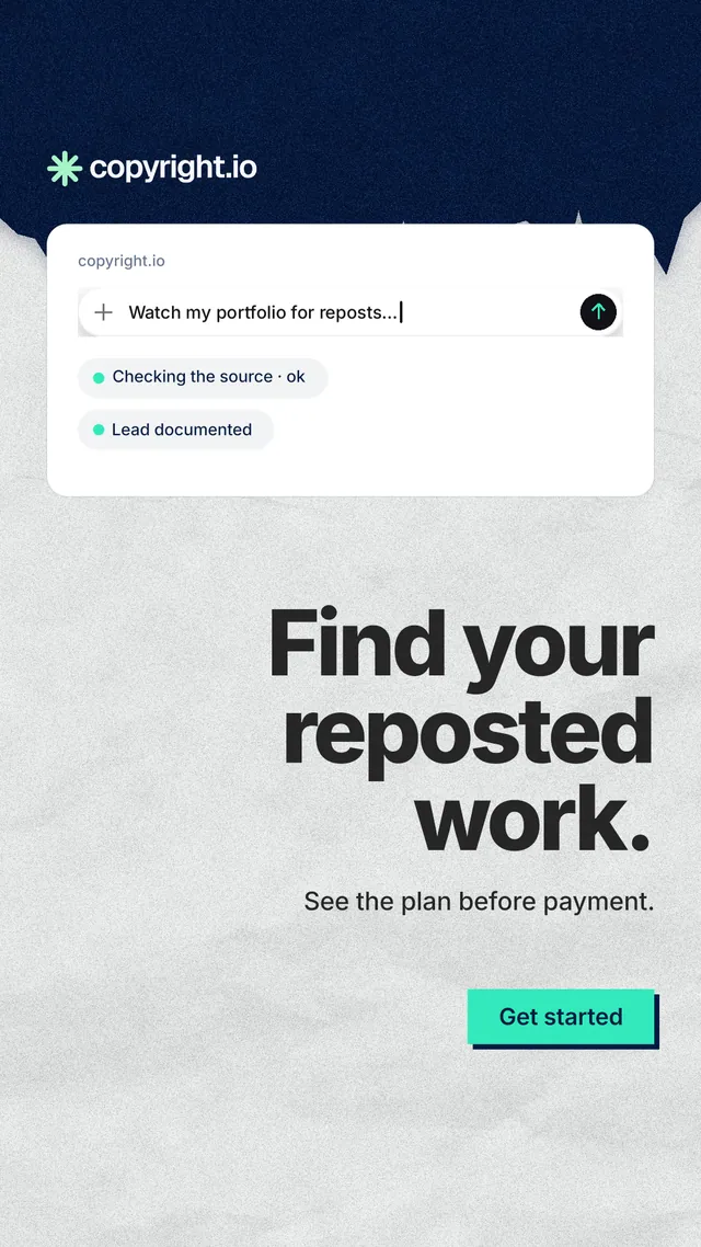Instagram story for copyright.io: "Find your reposted work." Paper trio style, right layout, light palette in white, blue.