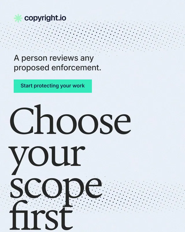Instagram portrait post for copyright.io: "Choose your scope first." Swiss style, oversized layout, light palette in white, grey, blue.