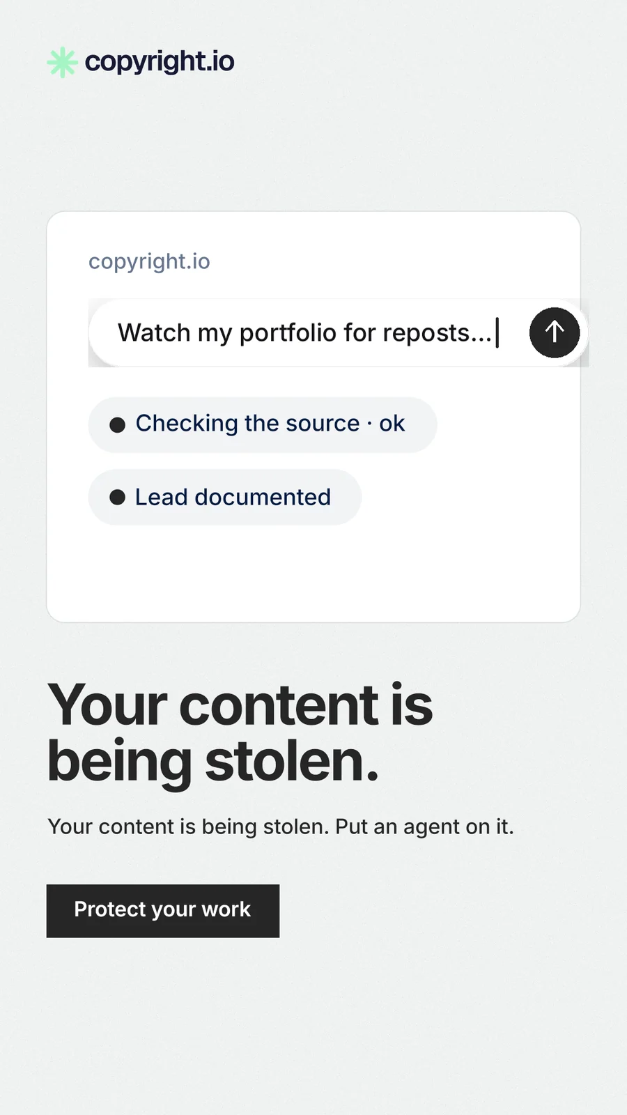 Instagram story for copyright.io: "Your content is being stolen." Swiss style, bottom layout, light palette in white.