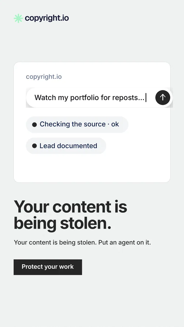 Instagram story for copyright.io: "Your content is being stolen." Swiss style, bottom layout, light palette in white.
