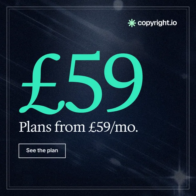 Instagram post for copyright.io: "Your content is being stolen. Put an agent on it." Dark deco style, stat layout, dark palette in blue, black, teal.