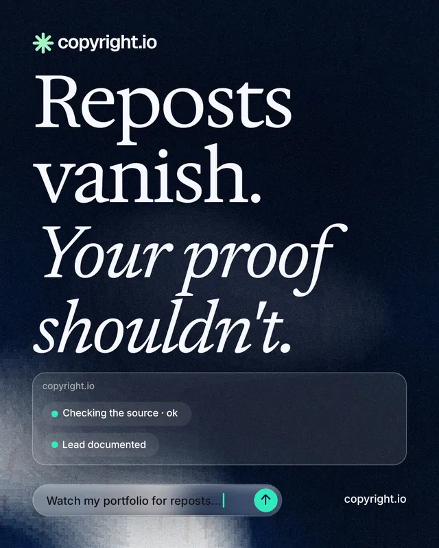 Instagram portrait post for copyright.io: "Reposts vanish. Your proof shouldn't." Thermal style, poster layout, dark palette in blue, black, grey.