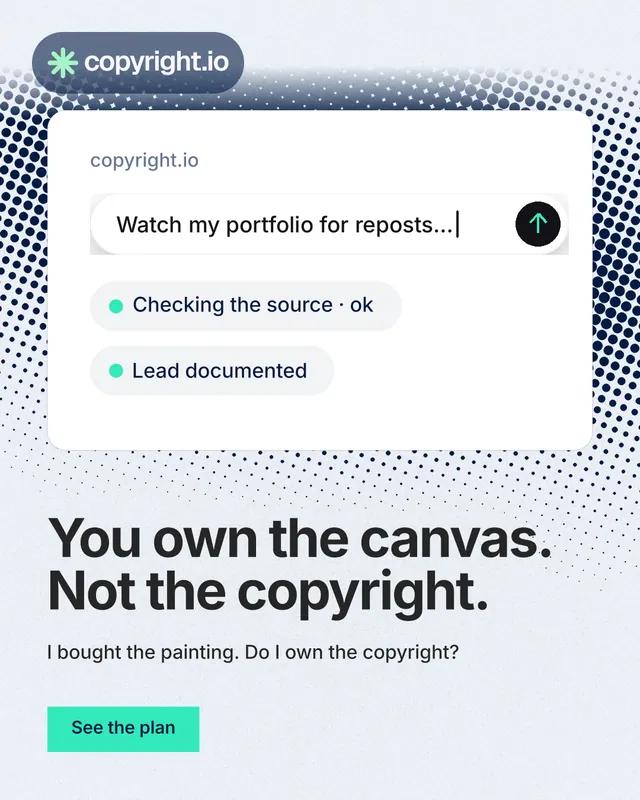 Instagram portrait post for copyright.io: "You own the canvas. Not the copyright." Swiss style, bottom layout, light palette in white, grey, blue.