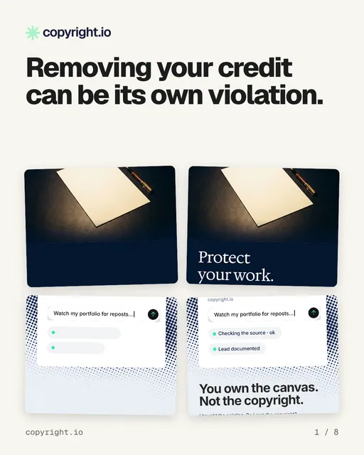 Carousel for copyright.io: "Removing your credit can be its own violation.". Collection carousel, 8 slides, light palette.
