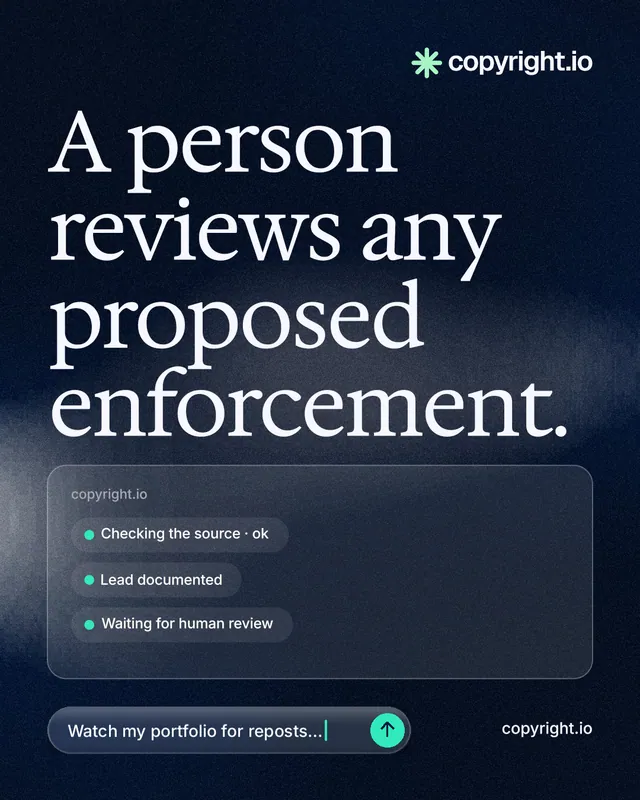 Instagram portrait post for copyright.io: "A person reviews any proposed enforcement." Thermal style, poster layout, dark palette in black, blue, grey.