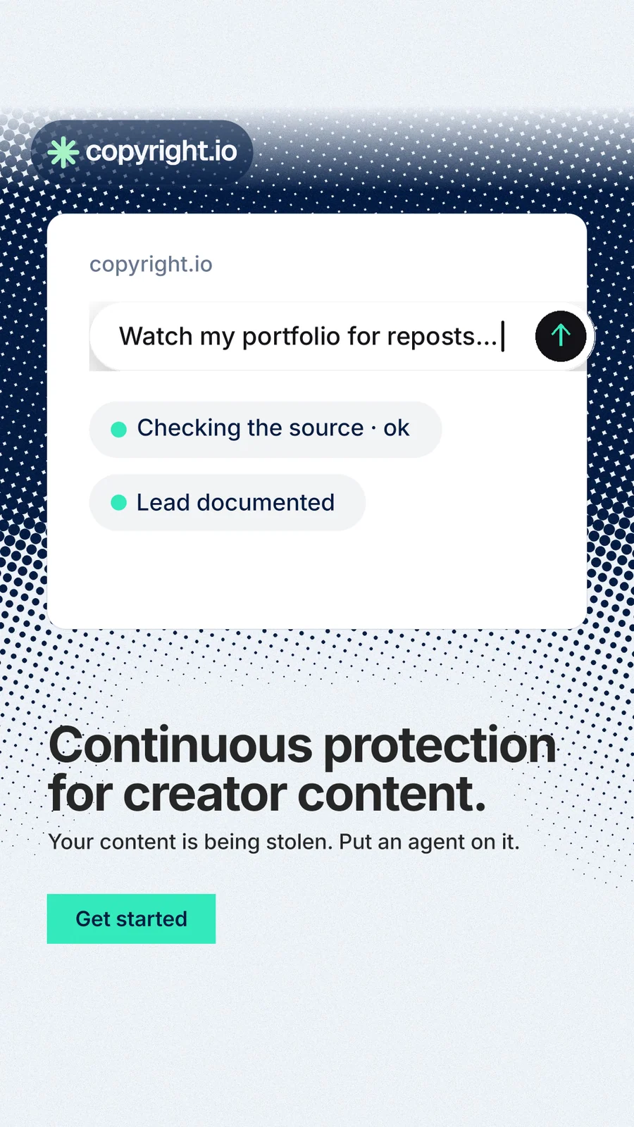 Instagram story for copyright.io: "Continuous protection for creator content." Swiss style, bottom layout, light palette in white, blue, grey.