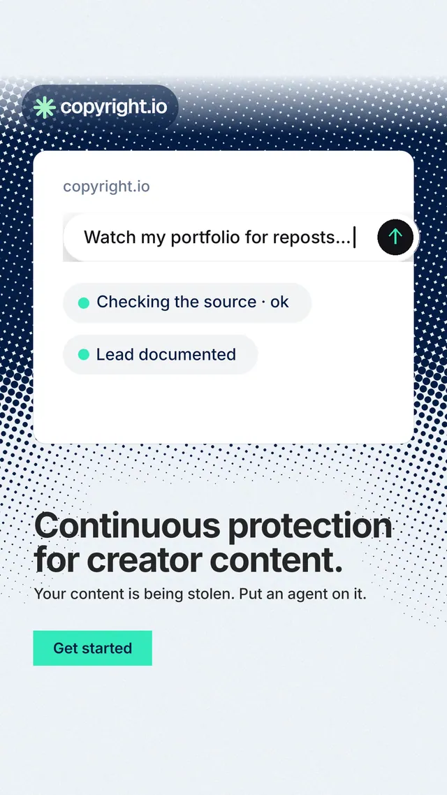 Instagram story for copyright.io: "Continuous protection for creator content." Swiss style, bottom layout, light palette in white, blue, grey.