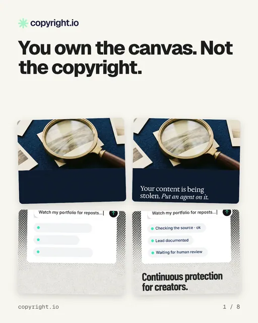 Carousel for copyright.io: "You own the canvas. Not the copyright.". Collection carousel, 8 slides, light palette.