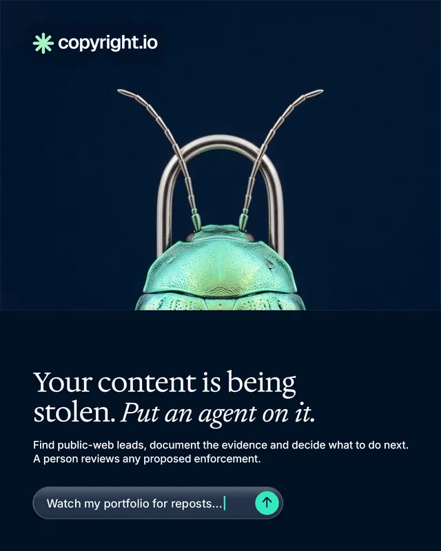 Instagram portrait post for copyright.io: "Your content is being stolen. Put an agent on it." Agentic glass style, bottom layout, dark palette in black, blue.