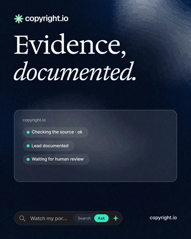 Instagram portrait post for copyright.io: "Evidence, documented." Thermal style, poster layout, dark palette in blue, black, grey.