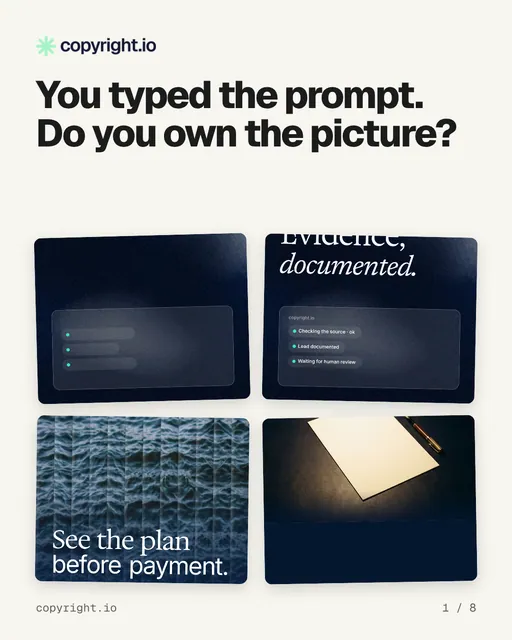 Carousel for copyright.io: "You typed the prompt. Do you own the picture?". Collection carousel, 8 slides, light palette.