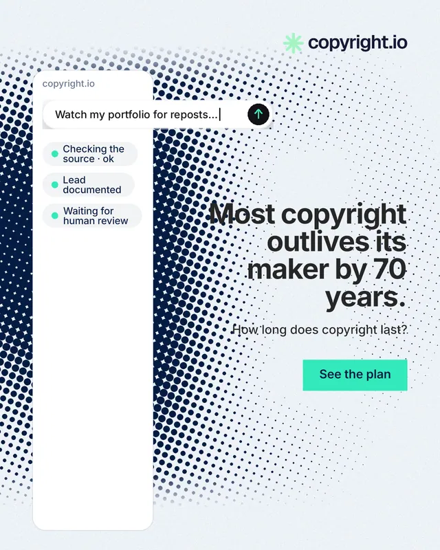 Instagram portrait post for copyright.io: "Most copyright outlives its maker by 70 years." Swiss style, right layout, light palette in white, blue, grey.