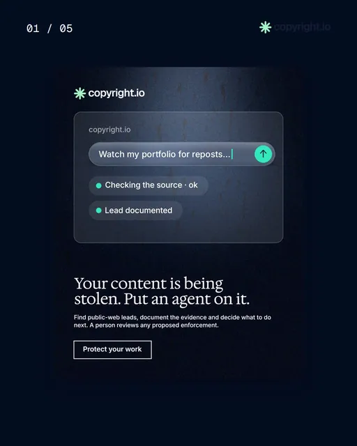Video for copyright.io. Ad flipbook, 7.5 s, dark palette.