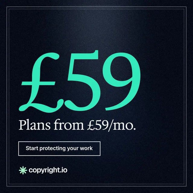 Instagram post for copyright.io: "Find your reposted work." Dark deco style, stat layout, dark palette in black, teal.