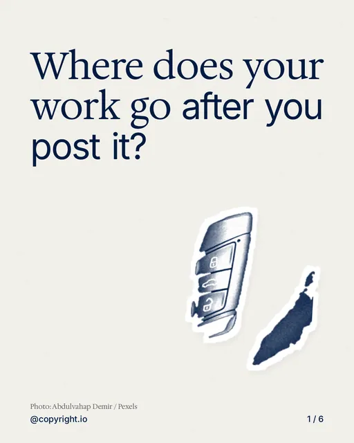 Carousel for copyright.io: "Where does your work go after you post it?". Cutout essay, 6 slides, light palette.