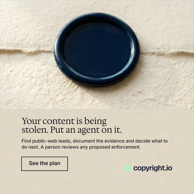 Instagram post for copyright.io: "Your content is being stolen. Put an agent on it." Editorial style, bottom layout, light palette in orange, yellow, grey.