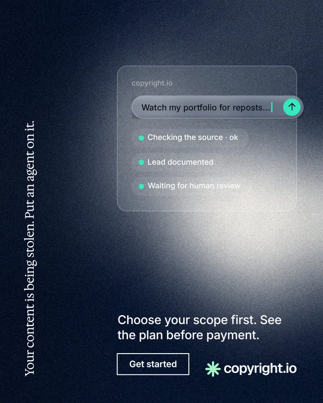 Instagram portrait post for copyright.io: "Your content is being stolen. Put an agent on it." Cyanotype style, vertical layout, dark palette in black, grey, blue.