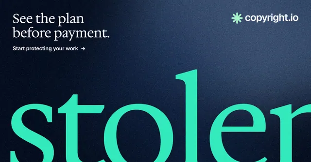 Social ad for copyright.io: "See the plan before payment." Agentic glass style, ogword layout, dark palette in black, blue, teal.