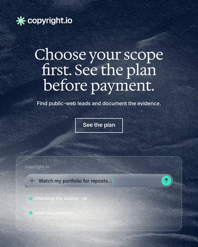 Instagram portrait post for copyright.io: "Choose your scope first. See the plan before payment." Cyanotype style, centred layout, dark palette in blue, grey.