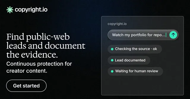 Social ad for copyright.io: "Find public-web leads and document the evidence." Phosphor atlas style, bottom layout, dark palette in black, grey.