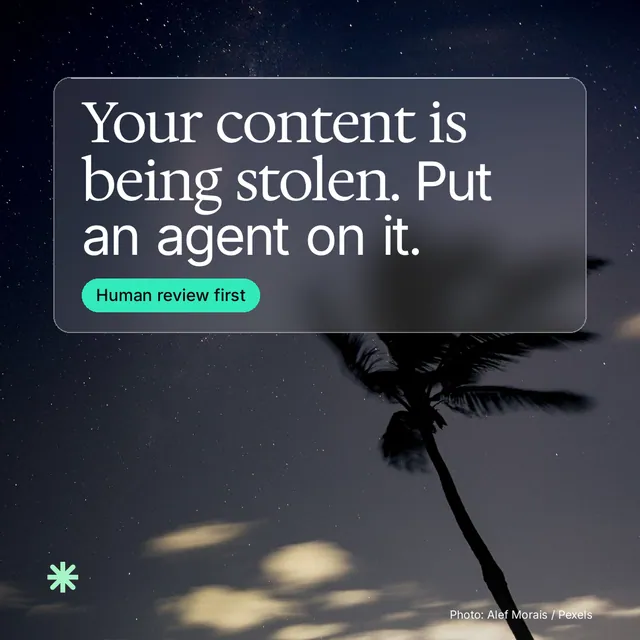Instagram post for copyright.io: "Your content is being stolen. Put an agent on it." Glass style, technique:pexels ingredient layout, dark palette in grey, black.