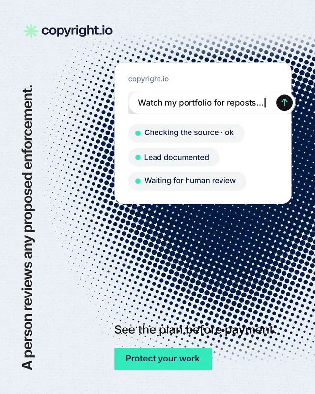 Instagram portrait post for copyright.io: "A person reviews any proposed enforcement." Swiss style, vertical layout, light palette in white, blue, teal.