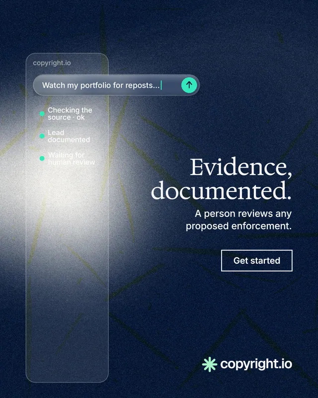 Instagram portrait post for copyright.io: "Evidence, documented." Cyanotype style, right layout, dark palette in black, blue, grey.