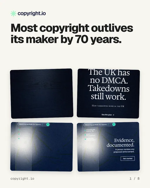 Carousel for copyright.io: "Most copyright outlives its maker by 70 years.". Collection carousel, 8 slides, light palette.