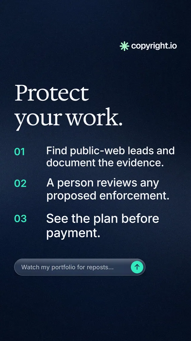 Instagram story for copyright.io: "Protect your work." Agentic glass style, numbered layout, dark palette in blue, black.