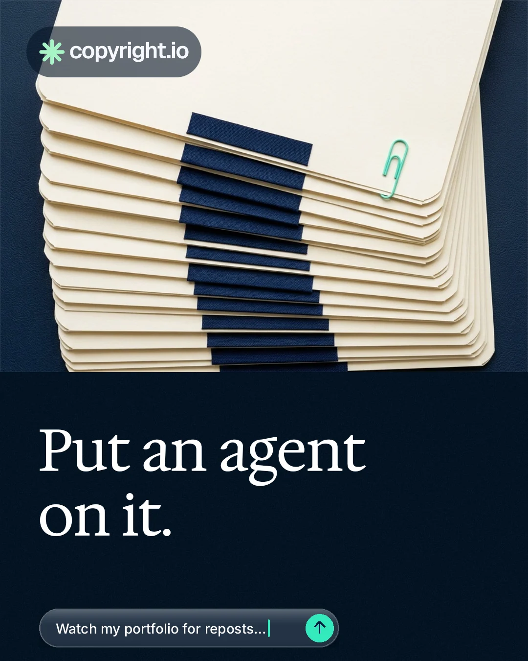 Instagram portrait post for copyright.io: "Put an agent on it." Agentic glass style, bottom layout, dark palette in black, yellow, blue.