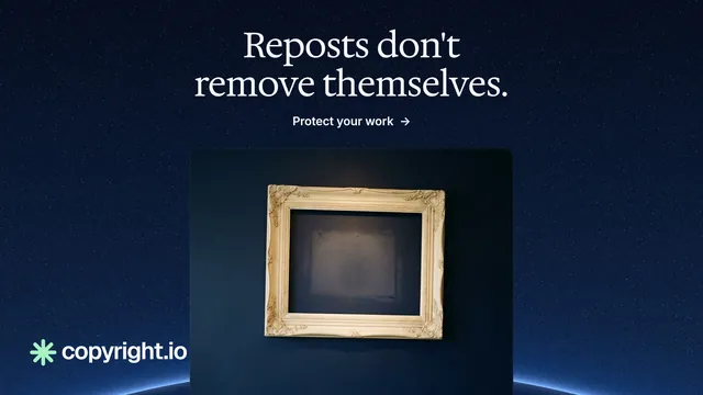 Landscape graphic for copyright.io: "Reposts don't remove themselves." Agentic glass style, ogui layout, dark palette in black, blue, grey.