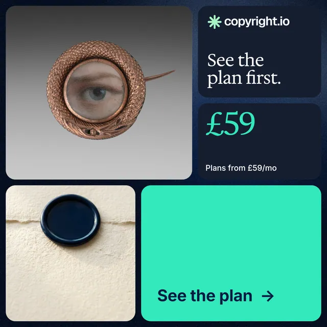 Instagram post for copyright.io: "See the plan first." Agentic glass style, bento layout, light palette in blue, grey, teal.