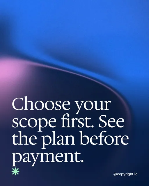 Video for copyright.io: "Choose your scope first. See the plan before payment.". Shader loop, 6.0 s, dark palette.