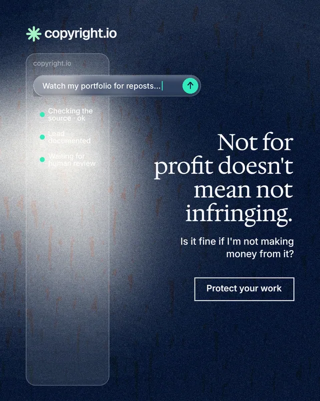 Instagram portrait post for copyright.io: "Not for profit doesn't mean not infringing." Cyanotype style, right layout, dark palette in black, blue, grey.