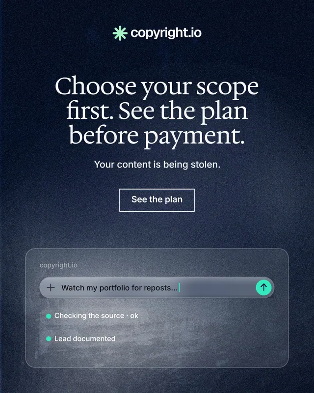 Instagram portrait post for copyright.io: "Choose your scope first. See the plan before payment." Cyanotype style, centred layout, dark palette in black, blue, grey.