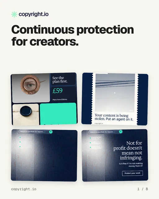 Carousel for copyright.io: "Continuous protection for creators.". Collection carousel, 8 slides, light palette.
