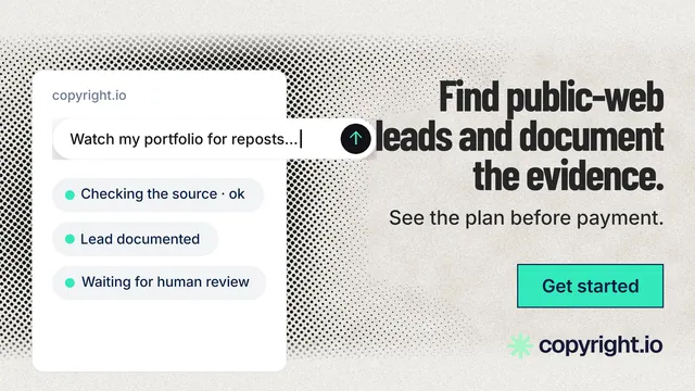 Landscape graphic for copyright.io: "Find public-web leads and document the evidence." Ink sticker style, right layout, light palette in white, grey, green.