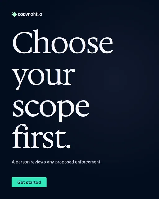Video for copyright.io: "Choose your scope first.". Doc motion loop, 8.0 s, dark palette.