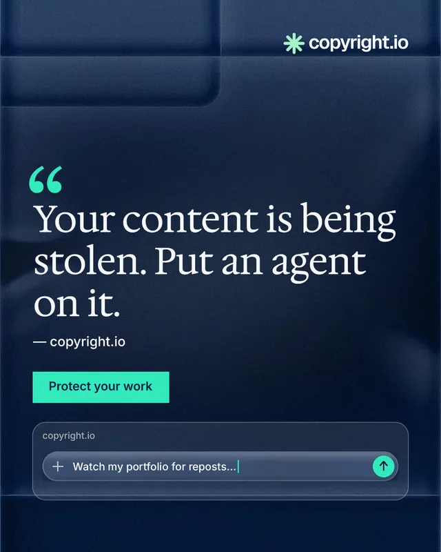 Instagram portrait post for copyright.io: "Your content is being stolen. Put an agent on it." Swiss style, quote layout, dark palette in blue, black, teal.