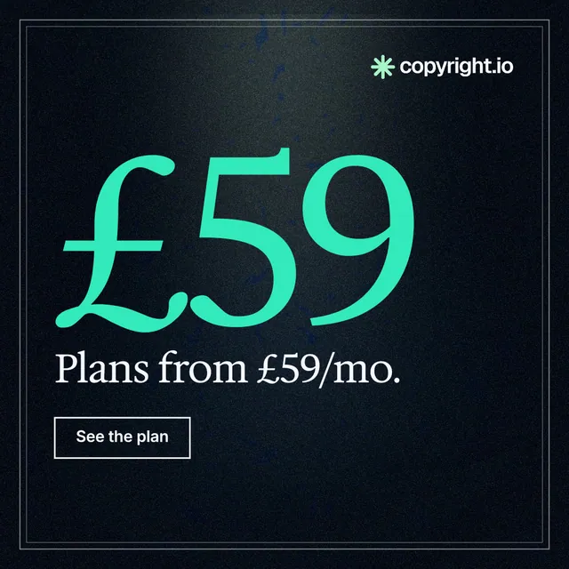Instagram post for copyright.io: "Continuous protection for creators." Dark deco style, stat layout, dark palette in black, teal.