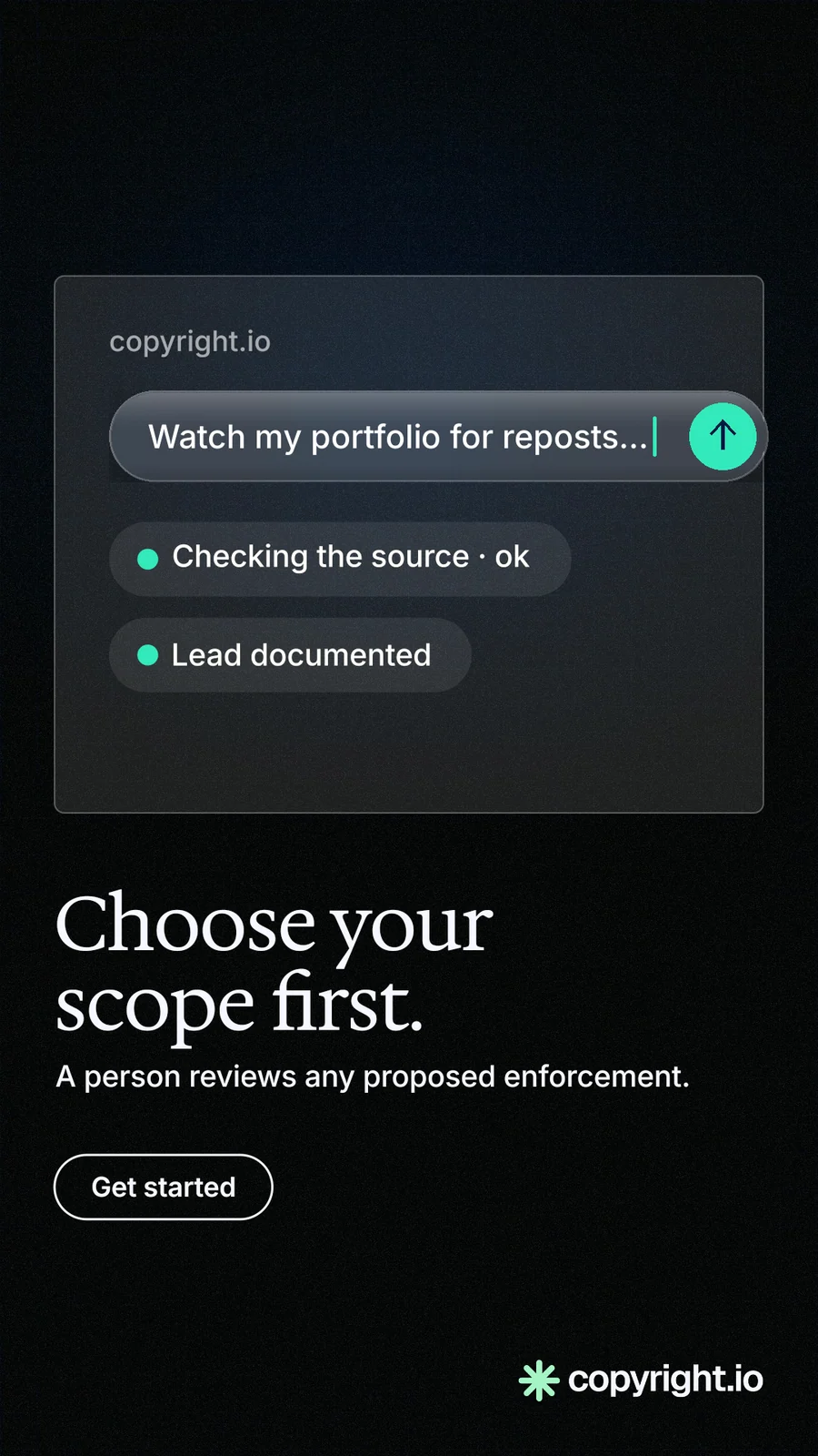 Instagram story for copyright.io: "Choose your scope first." Phosphor atlas style, bottom layout, dark palette in black.