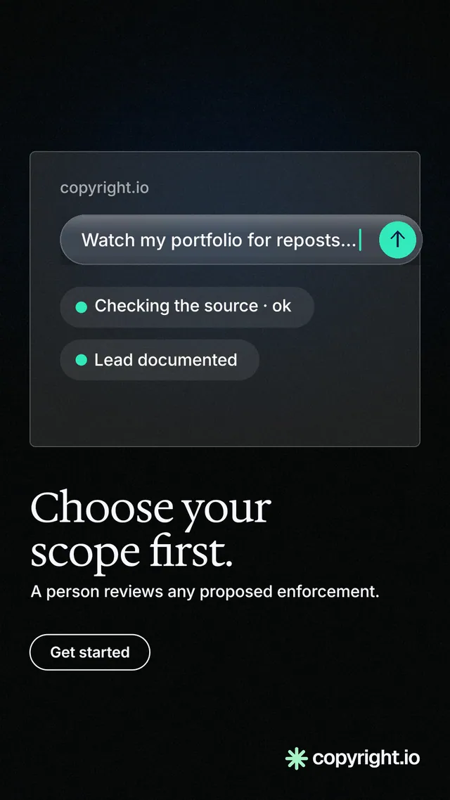 Instagram story for copyright.io: "Choose your scope first." Phosphor atlas style, bottom layout, dark palette in black.