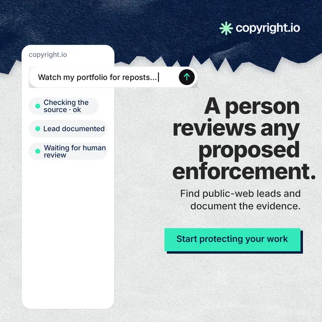 Instagram post for copyright.io: "A person reviews any proposed enforcement." Paper trio style, right layout, light palette in white, blue.