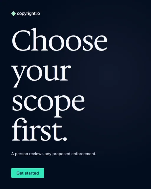 Video for copyright.io: "Choose your scope first.". Doc motion loop, 6.0 s, dark palette.