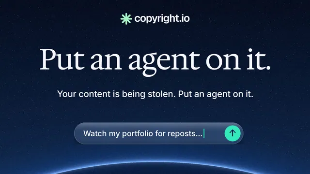 Landscape graphic for copyright.io: "Put an agent on it." Agentic glass style, centred layout, dark palette in black, blue.