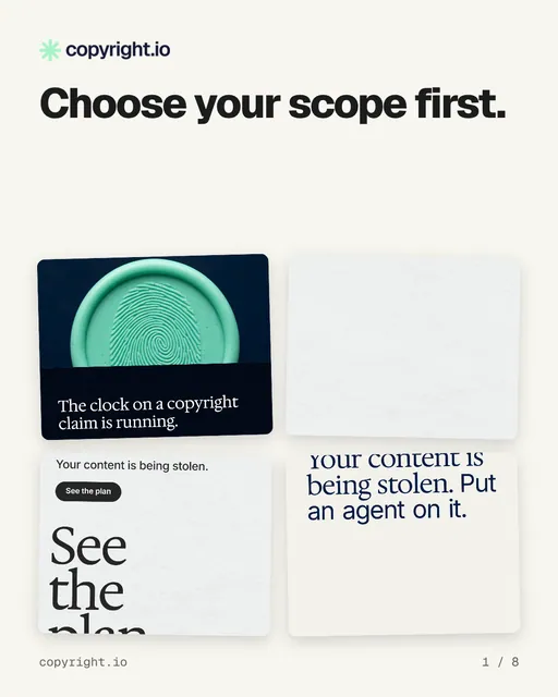 Carousel for copyright.io: "Choose your scope first.". Collection carousel, 8 slides, light palette.