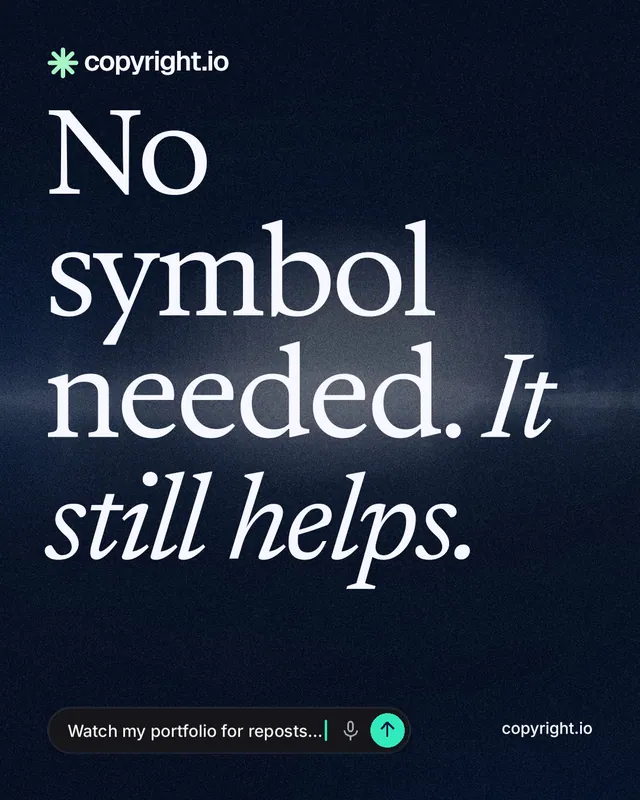 Instagram portrait post for copyright.io: "No symbol needed. It still helps." Thermal style, poster layout, dark palette in black, blue, grey.